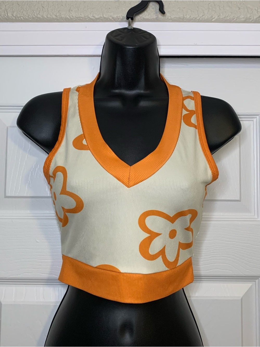 Orange V-Neck Floral Crop Tank Top